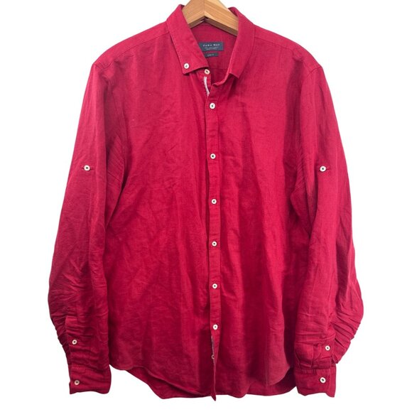 Zara Mens Shirt Sz L Red Long-Slv Roll-Tab ButtonUp Linen/Cotton Slim Fit Resort - Picture 1 of 11